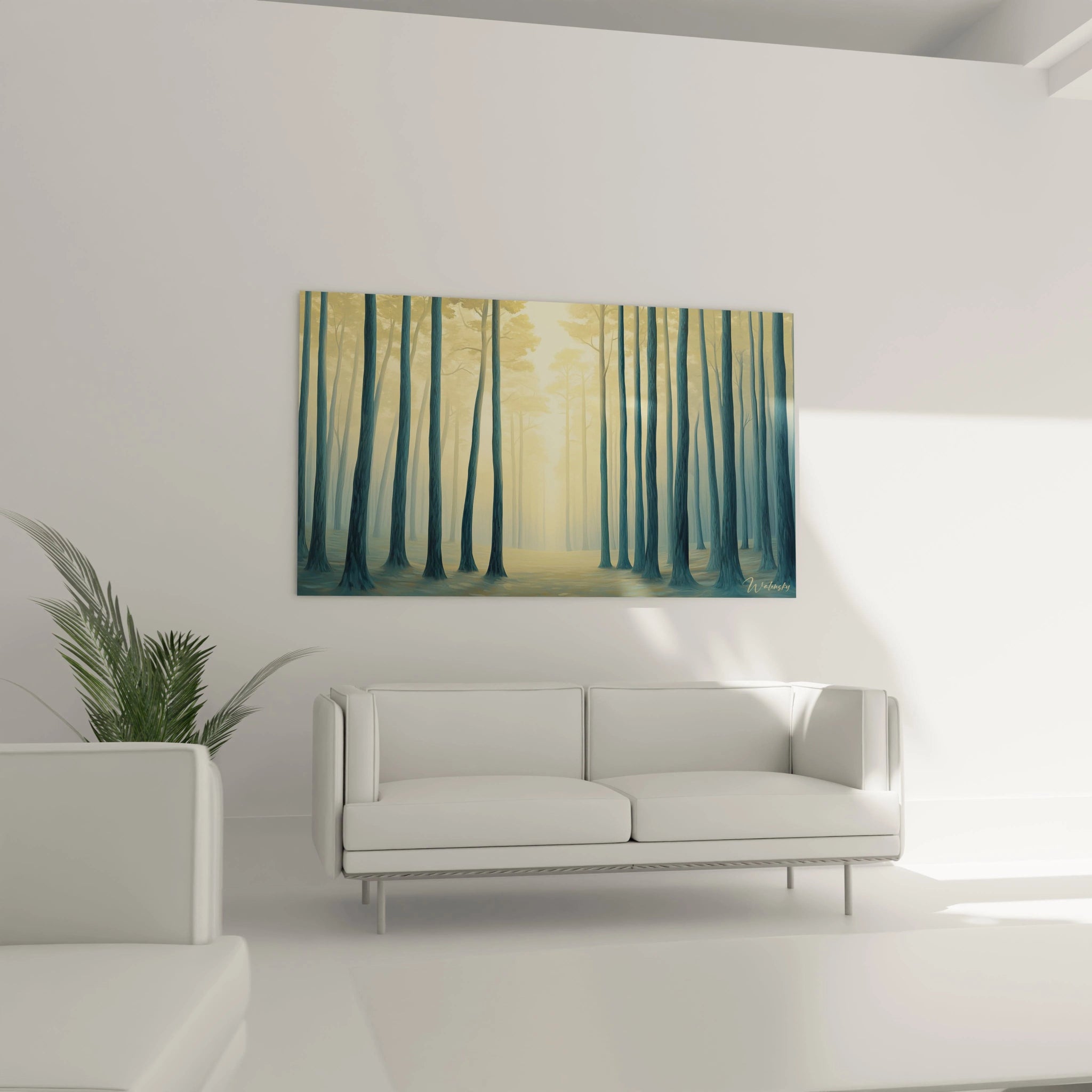 Un tableau Pin nature montrant des arbres fins aux troncs sombres, disposés en perspective, avec une lumiÚre jaune doré traversant une brume légÚre et des textures lisses et floutées.