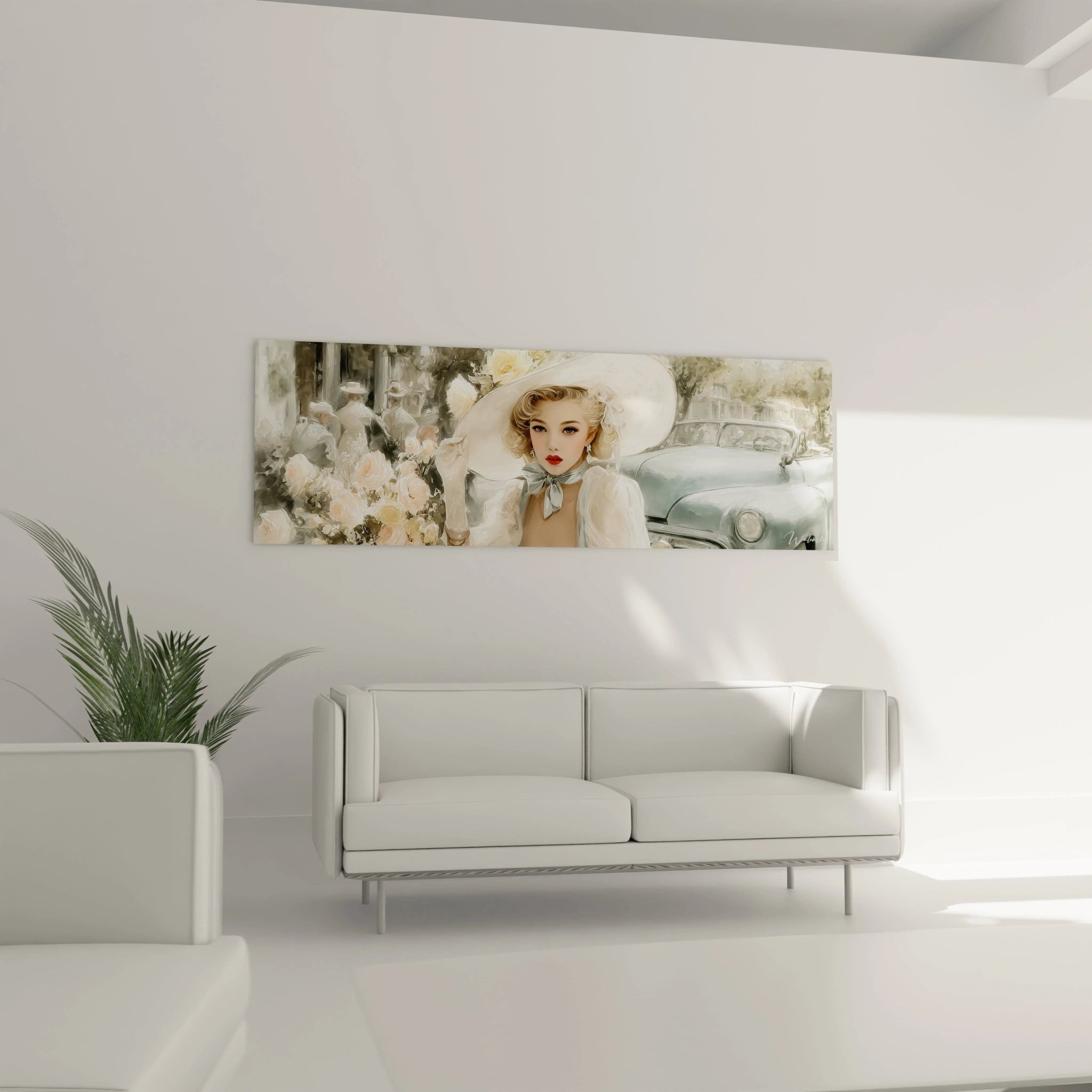 Tableau mural pin-up chic années 40 représentant une femme élégante devant une voiture vintage.