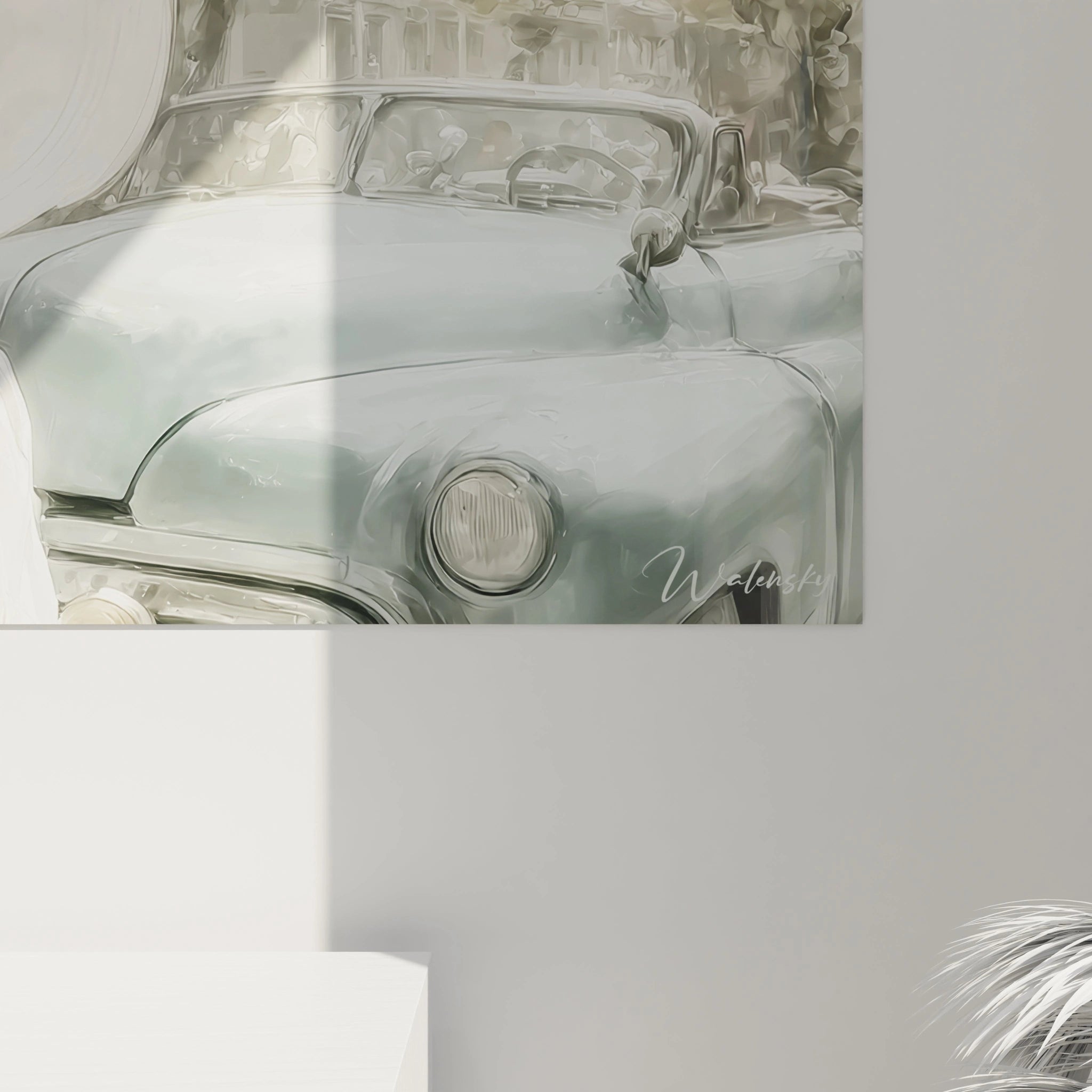 Tableau mural pin-up chic années 40 avec une voiture ancienne et une femme élégante