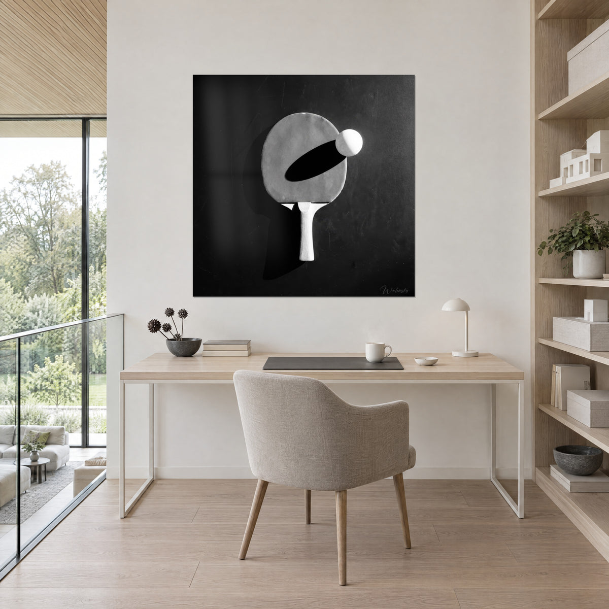 Πίνακας με ρακέτα και μπάλα ping-pong, σε περλέ γκρι και έντονο μαύρο, επιμήκης σκιά, κρεμασμένος πάνω από γραφείο από ανοιχτόχρωμο ξύλο