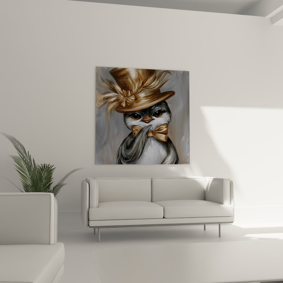 Oiseau dandy au chapeau doré et noeud papillon, regard intense, gris et blanc, au-dessus d'un canapé dans un salon lumineux.