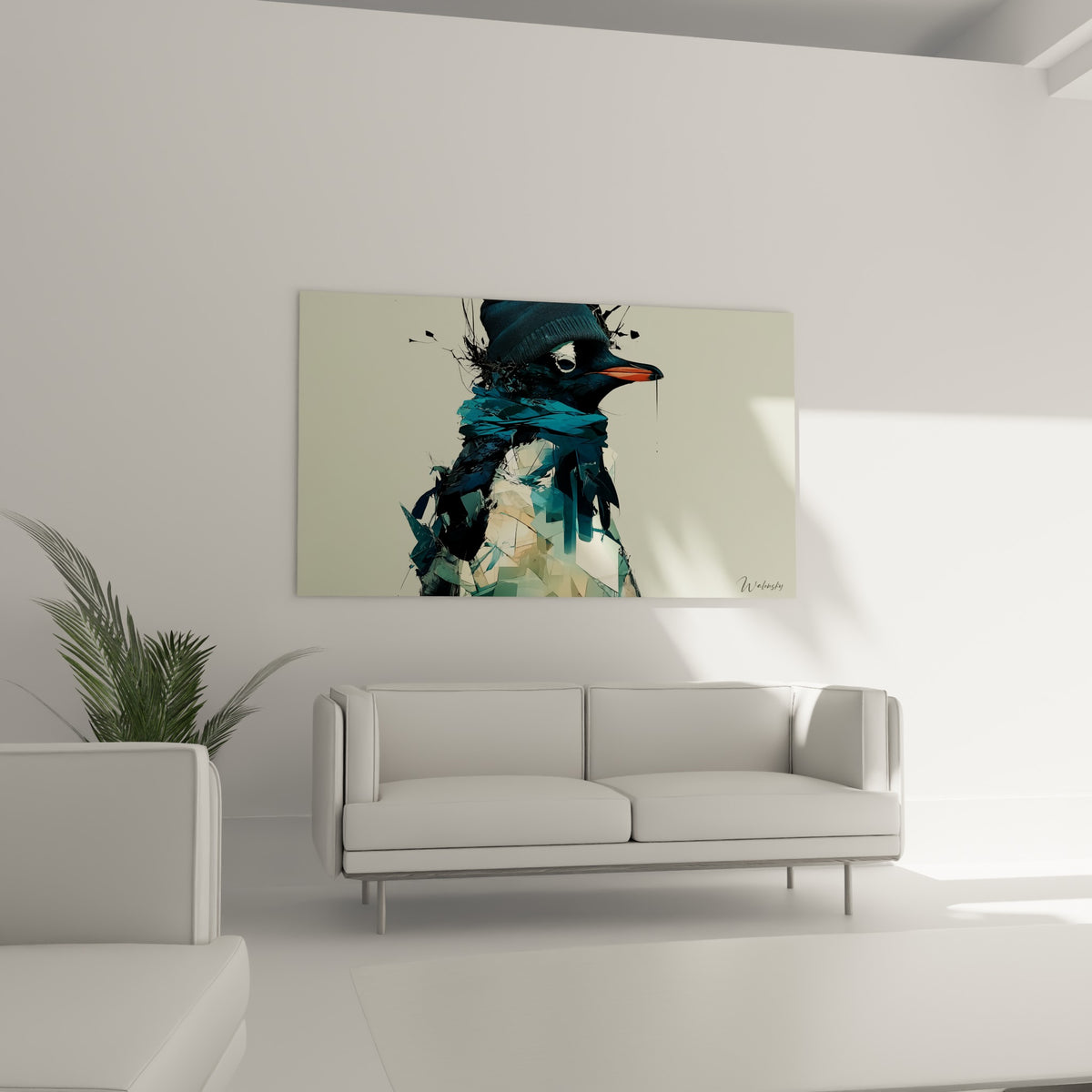 Pingouin stylisé aux teintes anthracite et bleu marine, bec orange vif, au-dessus d'un canapé dans un salon lumineux