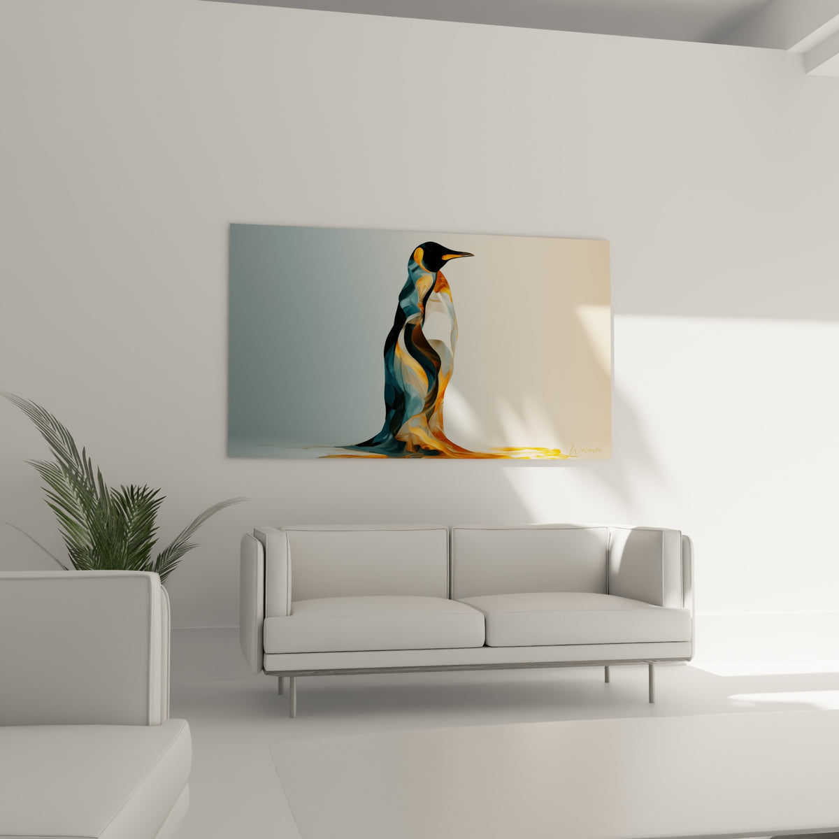 Manchot stylisé aux teintes anthracite et dorées, effet de fusion picturale, au-dessus d'un canapé dans un salon lumineux.