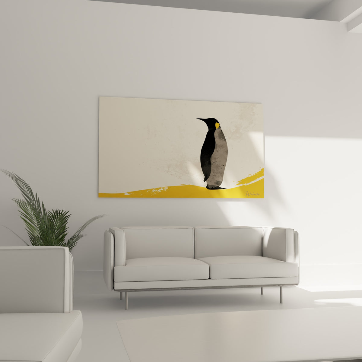 Oiseau polaire anthracite et ocre en aplats graphiques, au-dessus d'un canapé dans un salon lumineux