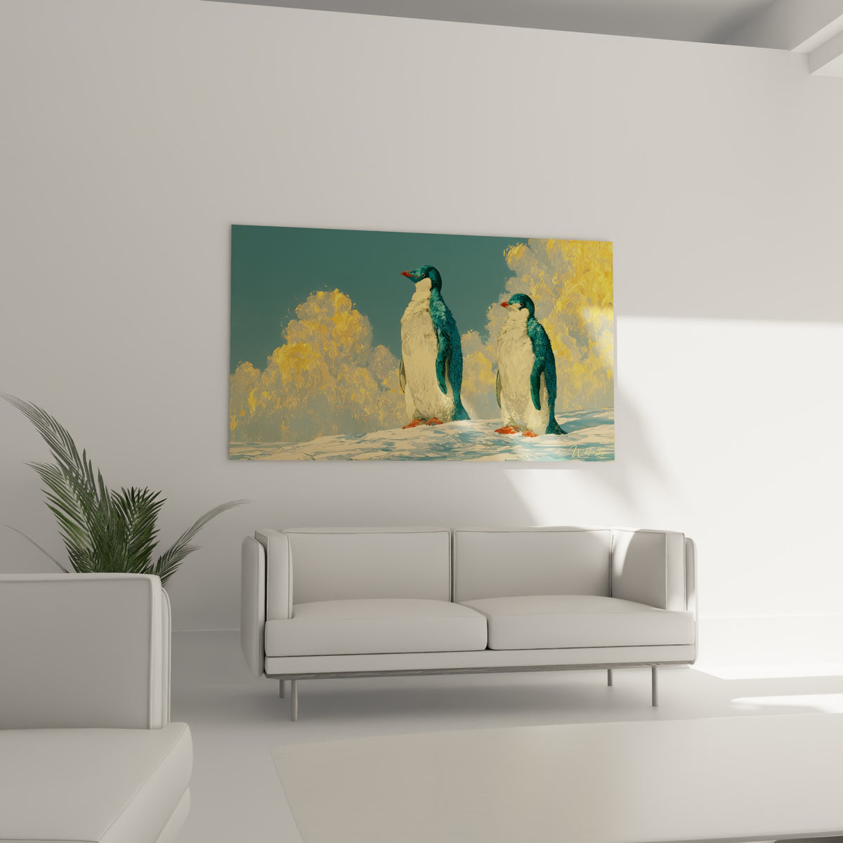Silhouettes de pingouins anthracite et or, pattes orangées sur la neige, au-dessus d'un canapé dans un salon lumineux