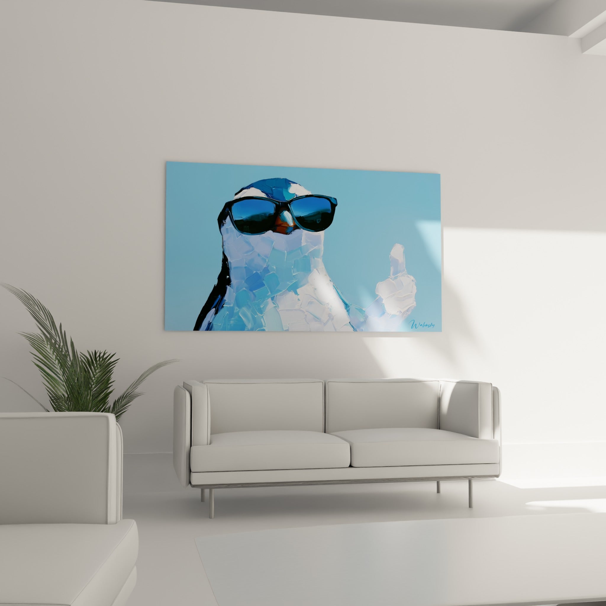 Personnage aviaire aux teintes bleu pastel et blanc, lunettes sombres, au-dessus d'un canapé dans un salon lumineux