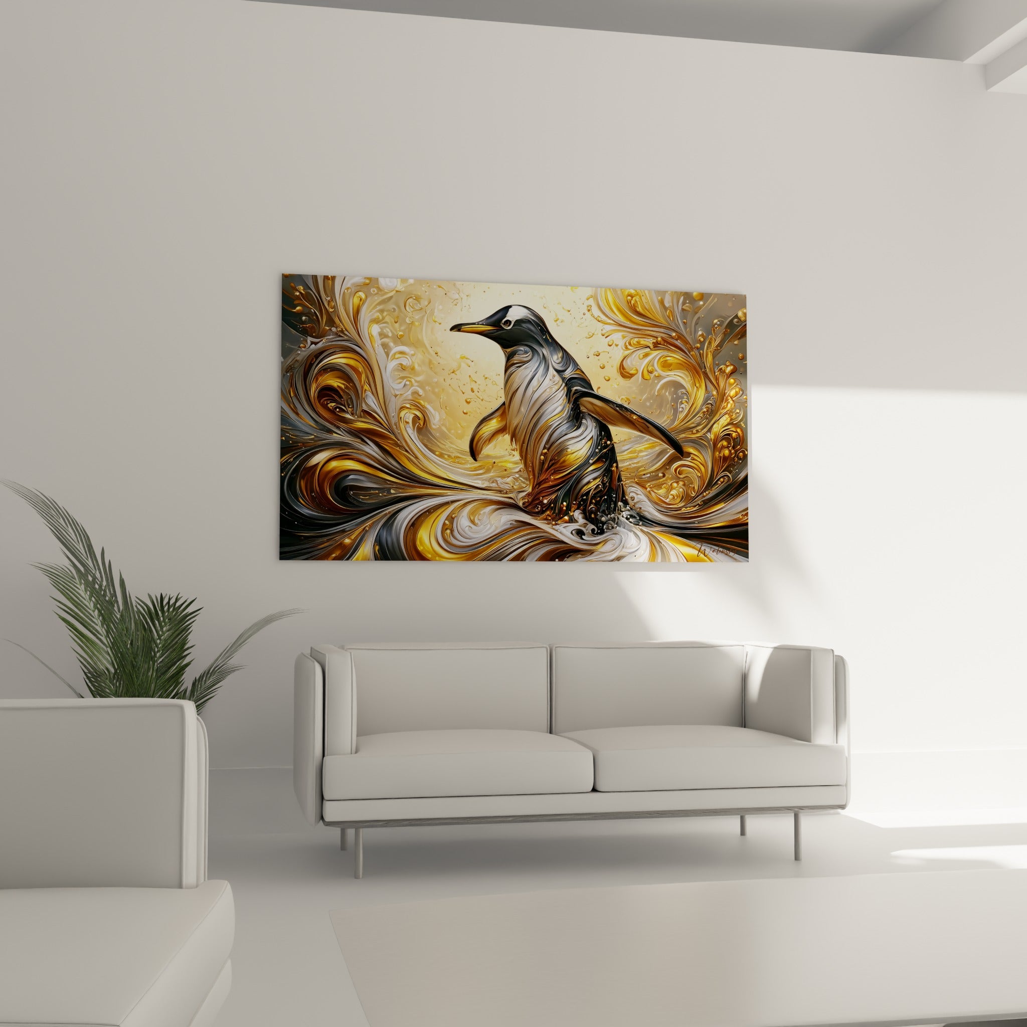 Pingouin noir et or dans un tourbillon liquide argenté, au-dessus d'un canapé dans un salon lumineux