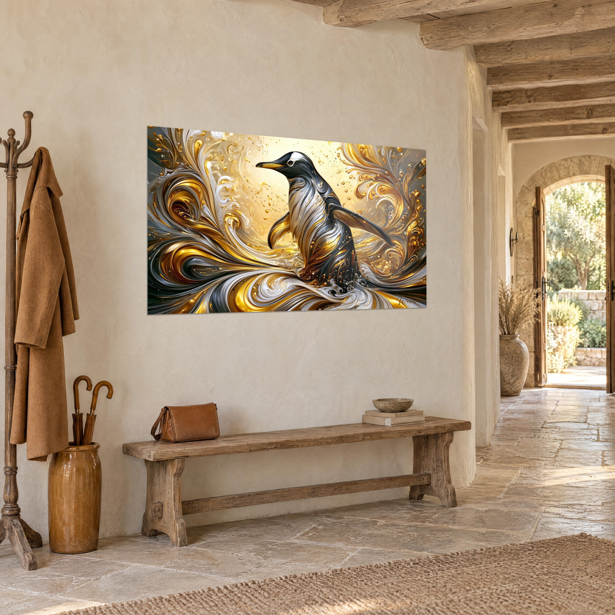 Tableau oiseau marin de profil, bec doré, tourbillons crème et ocre, dans un couloir en pierre voûté