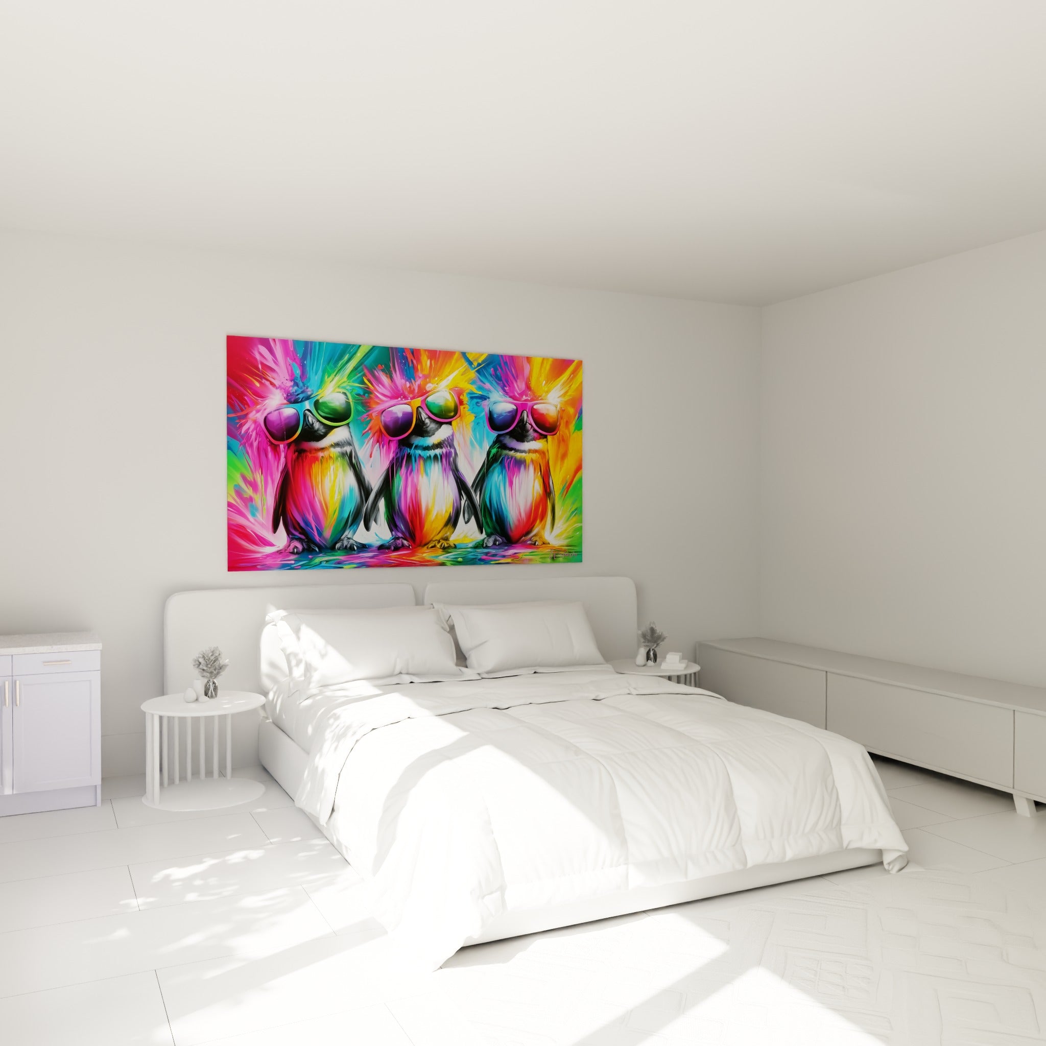 Pingouins multicolores à lunettes teintées accrochés au-dessus d'un lit dans une chambre claire et lumineuse