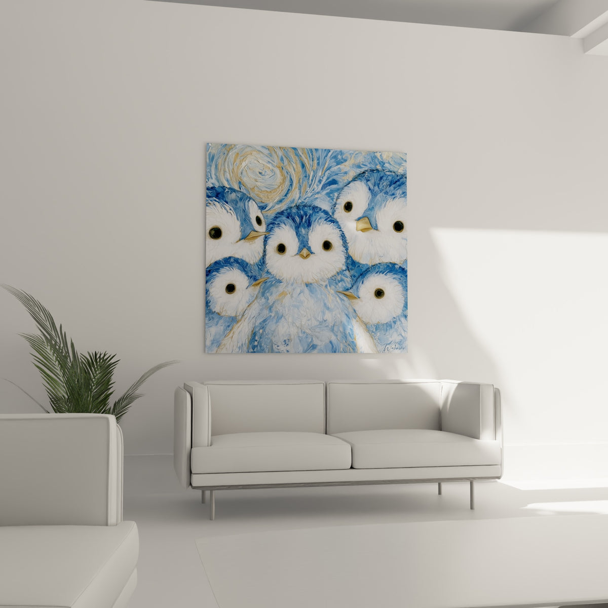 Petits pingouins dorés et bleu ardoise placés au-dessus d'un canapé dans un salon lumineux