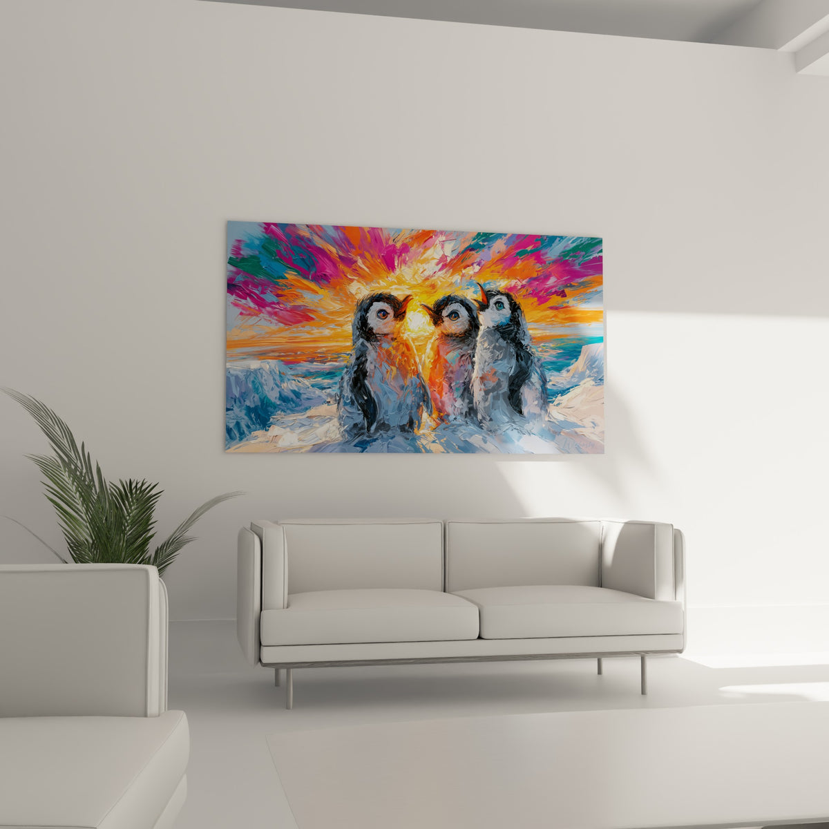 Oisillons polaires aux yeux perçants sous un ciel turquoise et orange, tableau au-dessus d'un canapé dans un salon lumineux