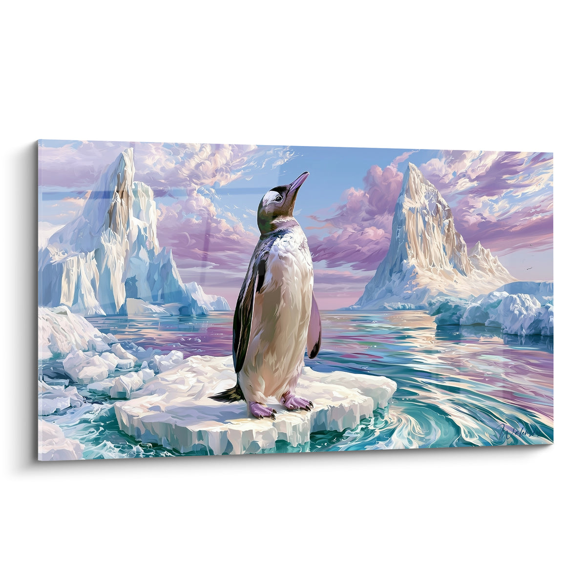 Pingouin debout sur un glaçon isolé, plumage blanc et anthracite, ciel lilas et icebergs en arrière-plan