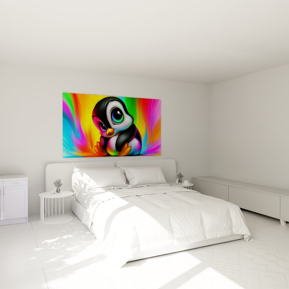 Bébé pingouin coloré aux teintes orange et turquoise, accroché au-dessus d'un lit dans une chambre claire