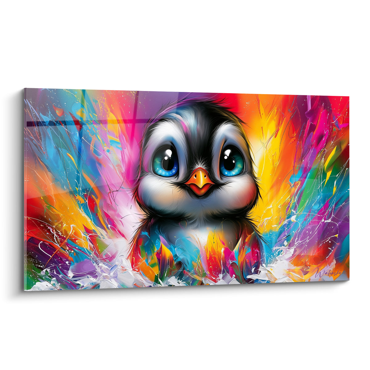Pingouin au regard bleu intense, plumage noir et blanc, fond éclaboussé orange et fuchsia