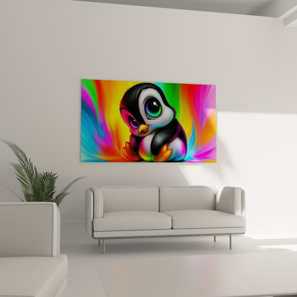 Petit pingouin au bec doré et fond rose fuchsia, suspendu au-dessus d'un canapé dans un salon lumineux