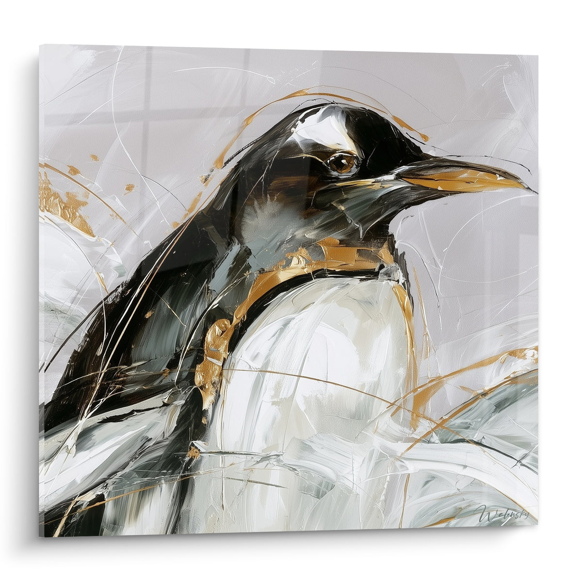 Manchot empereur peint en noir, blanc et doré, bec orangé, regard perçant sur fond gris texturé