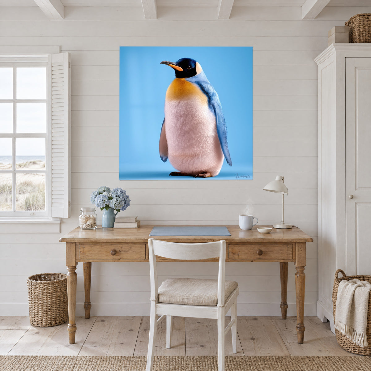 Tableau oiseau antarctique au ventre ivoire et cou ocre doré sur fond bleu, au mur d'un bureau en bois clair près de la fenêtre