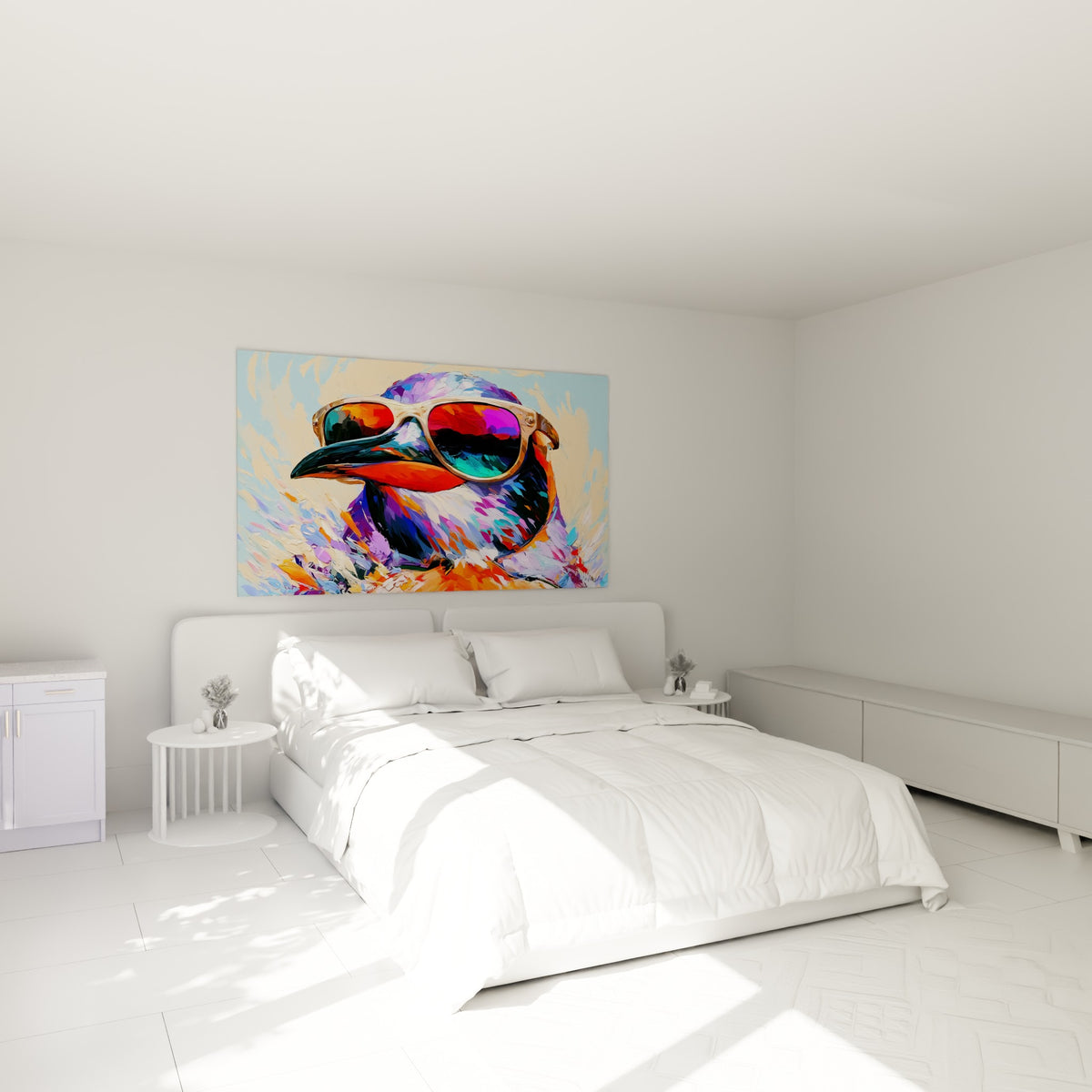 Bec orange du pingouin et plumage violet peints en empâtements, au-dessus d'un lit dans une chambre claire