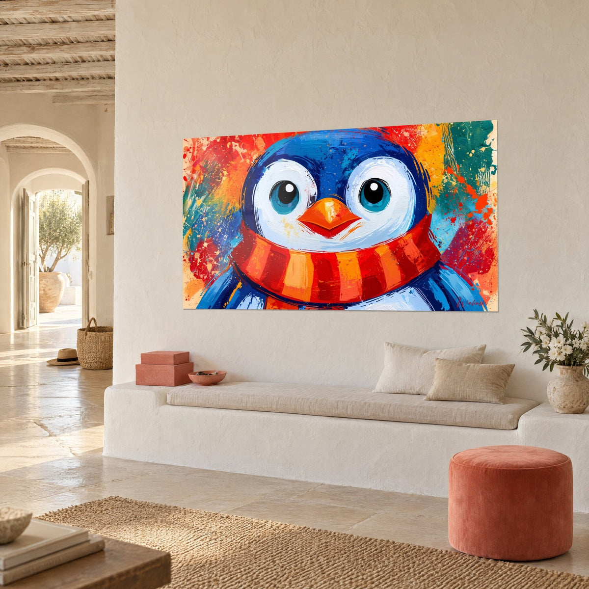 Gemälde Polarvogel in kobaltblau mit verschmitztem Blick, gelb-grüner mit der Spachtel gemalter Hintergrund, verputzte Wand eines weißen Hauses