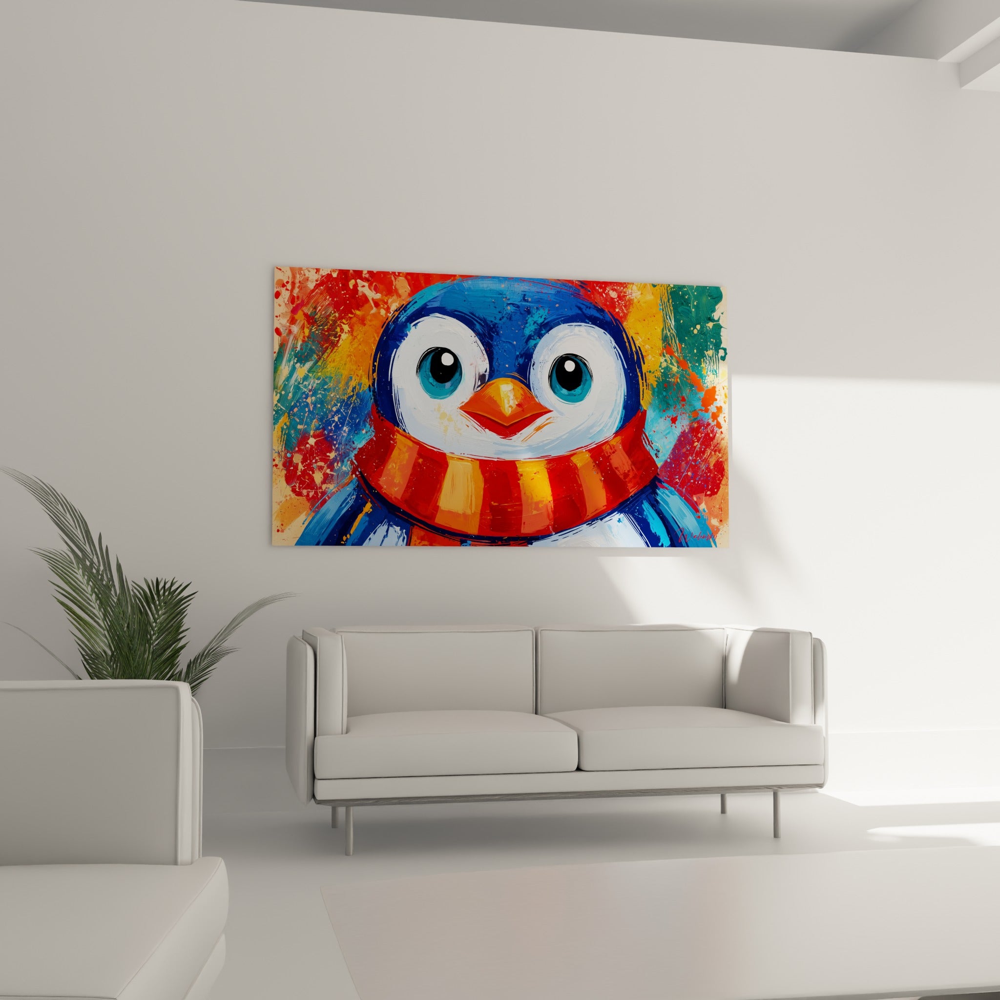 Bec orange vif et plumage bleu du pingouin espiègle, au-dessus d'un canapé dans un salon lumineux