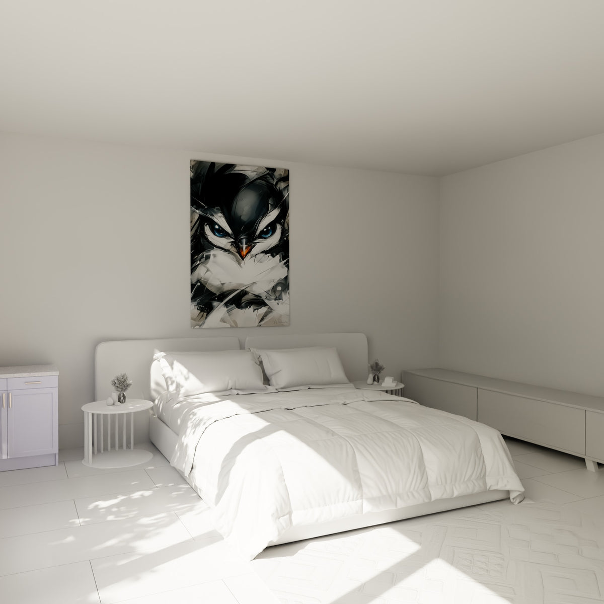 Bec orangé et regard bleu glacial du pingouin anthracite accroché au-dessus d'un lit dans une chambre claire