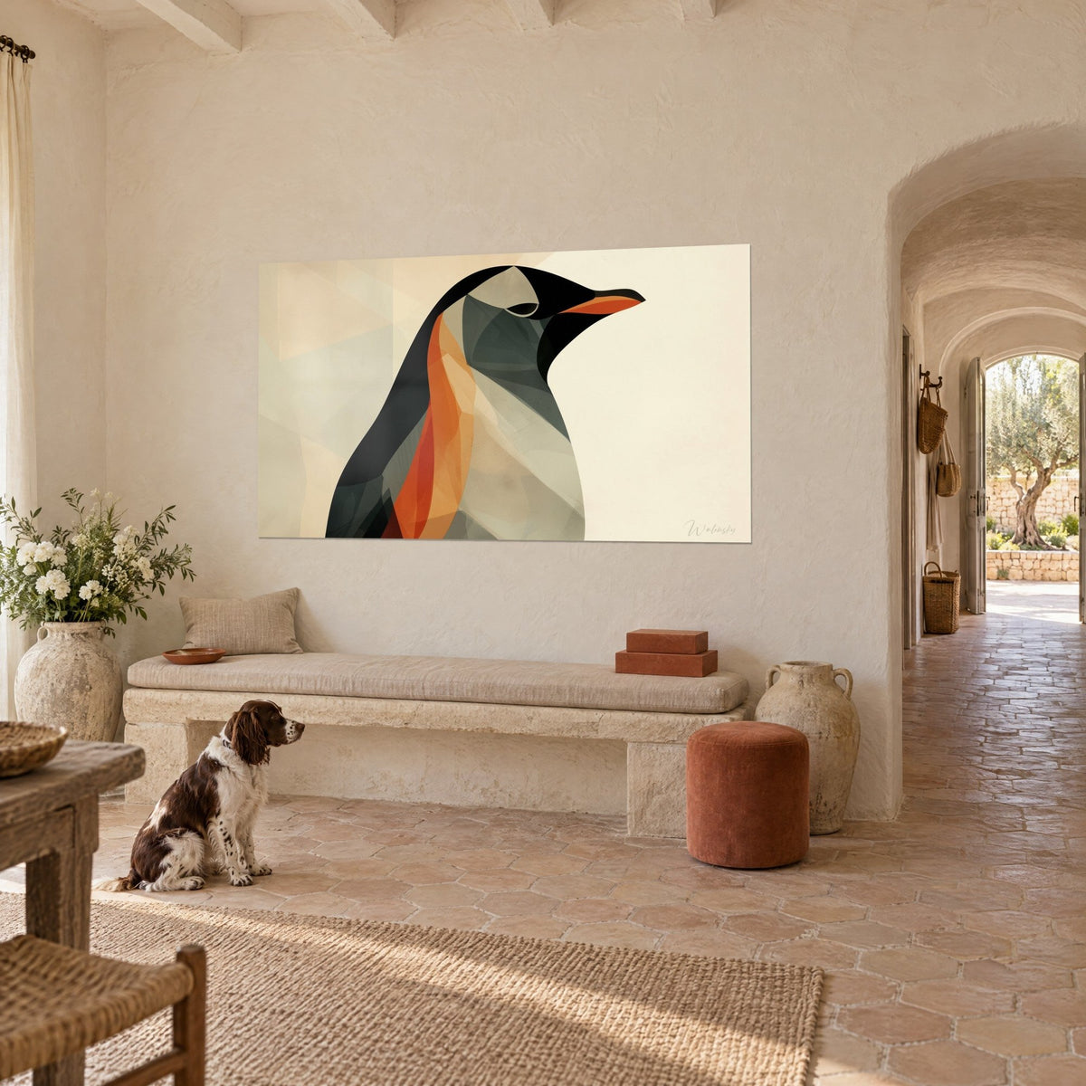 Gemälde Polarvogel in Schwarz und Grau, leuchtend oranger Schnabel und geometrisches Gefieder, ein Spaniel sitzt auf den ockerfarbenen Fliesen eines provenzalischen Mas