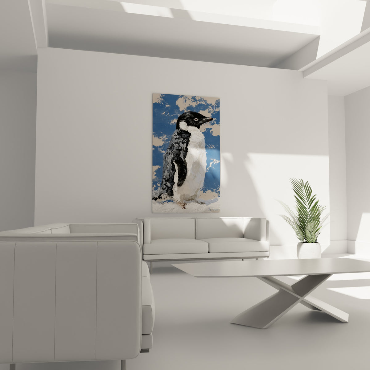Oiseau polaire noir et blanc, regard perçant, au-dessus d'un canapé dans un salon lumineux