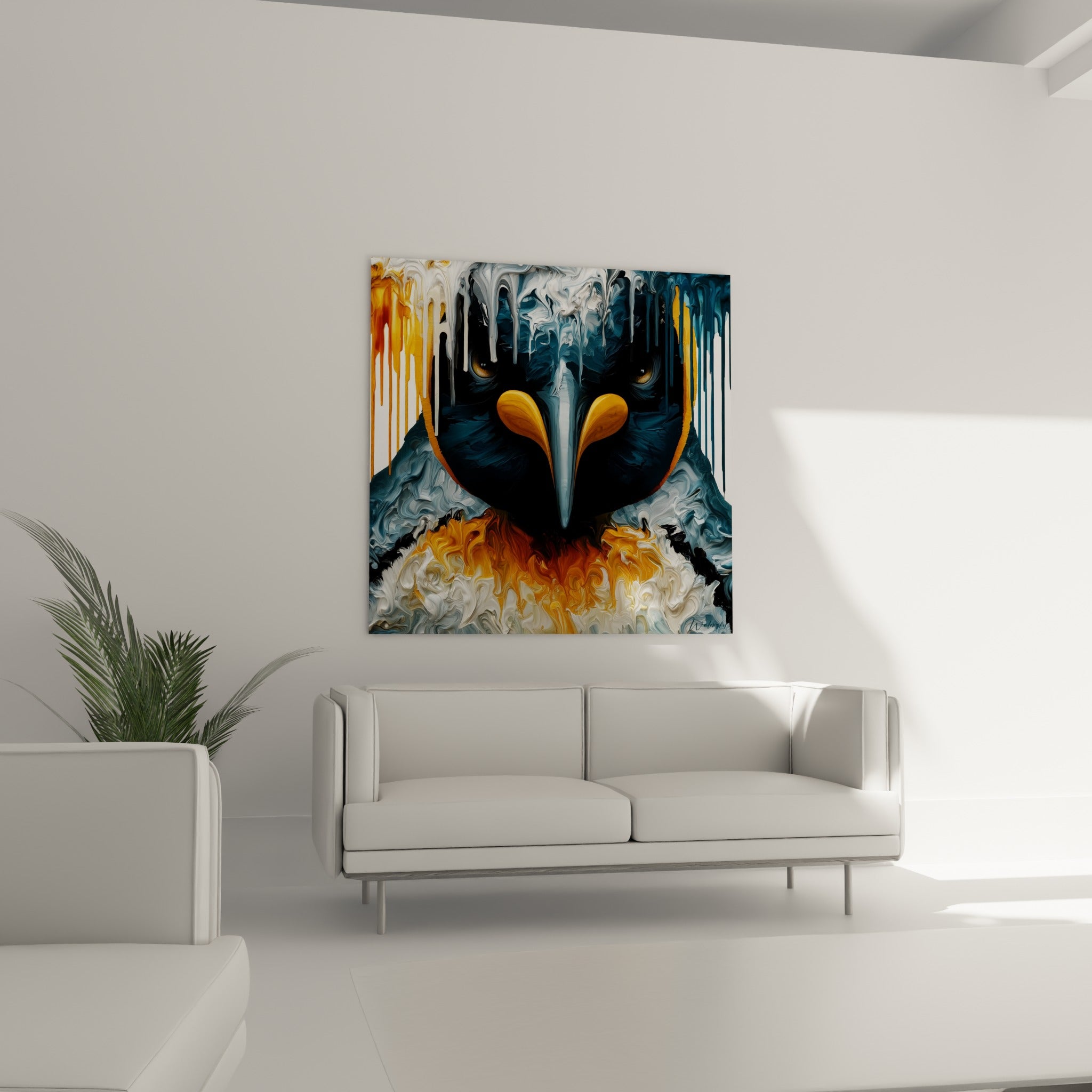 Visage animal en fusion bleu nuit et jaune moutarde, suspendu au-dessus d'un canapé dans un salon lumineux