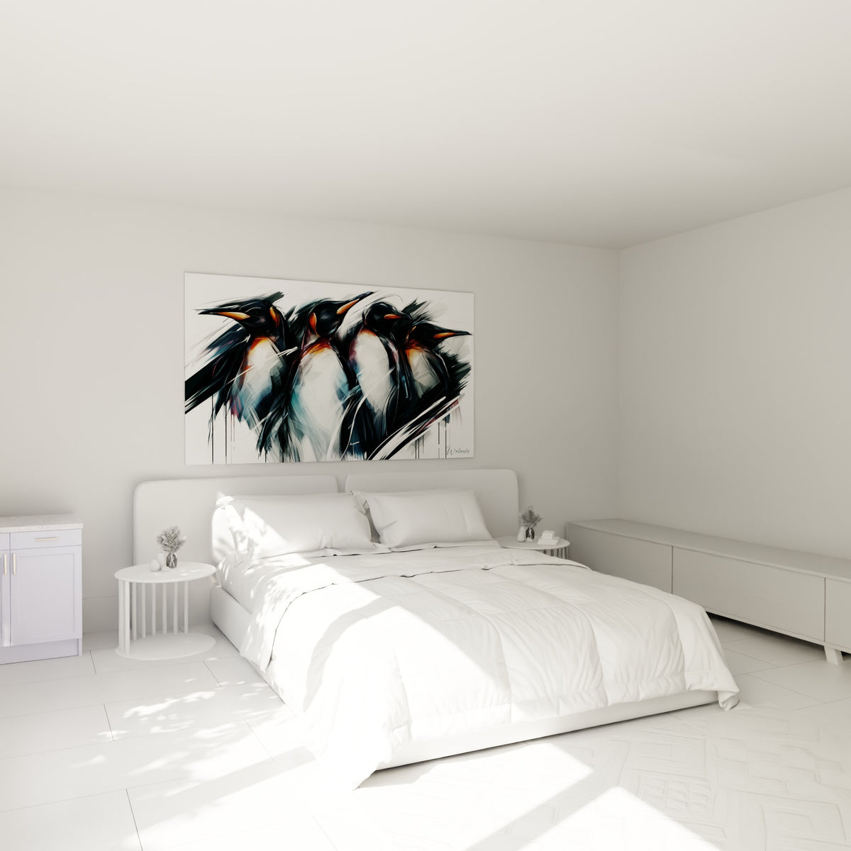 Groupe de pingouins noirs et blancs aux reflets ambrés, au-dessus d'un lit dans une chambre claire