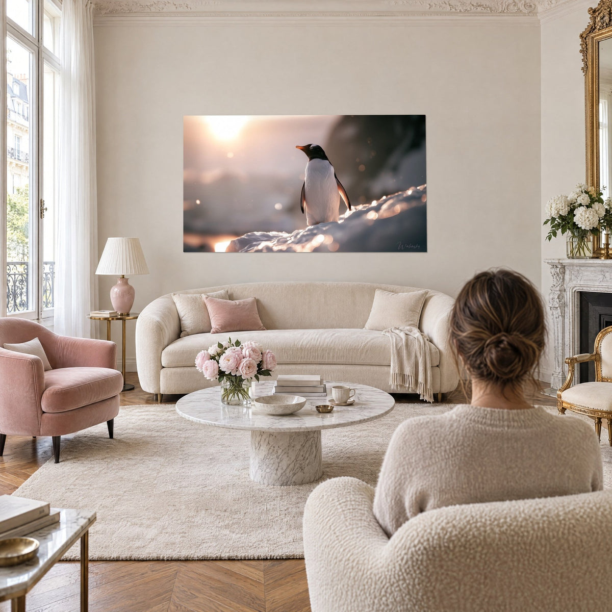 Gemälde Eselspinguin im goldenen Gegenlicht, weiß-schwarzes Gefieder, orangefarbener Schnabel, über einem Sofa in einem hellen Wohnzimmer