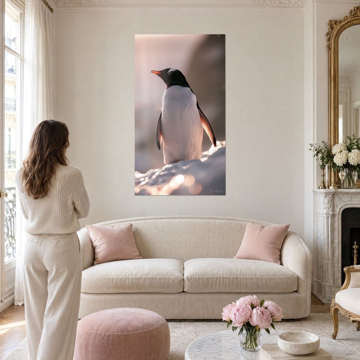 Cuadro pingüino papúa de vientre blanco, pico naranja y espalda negra sobre nieve rosada, mujer de espaldas, encima de un sofá en un salón luminoso