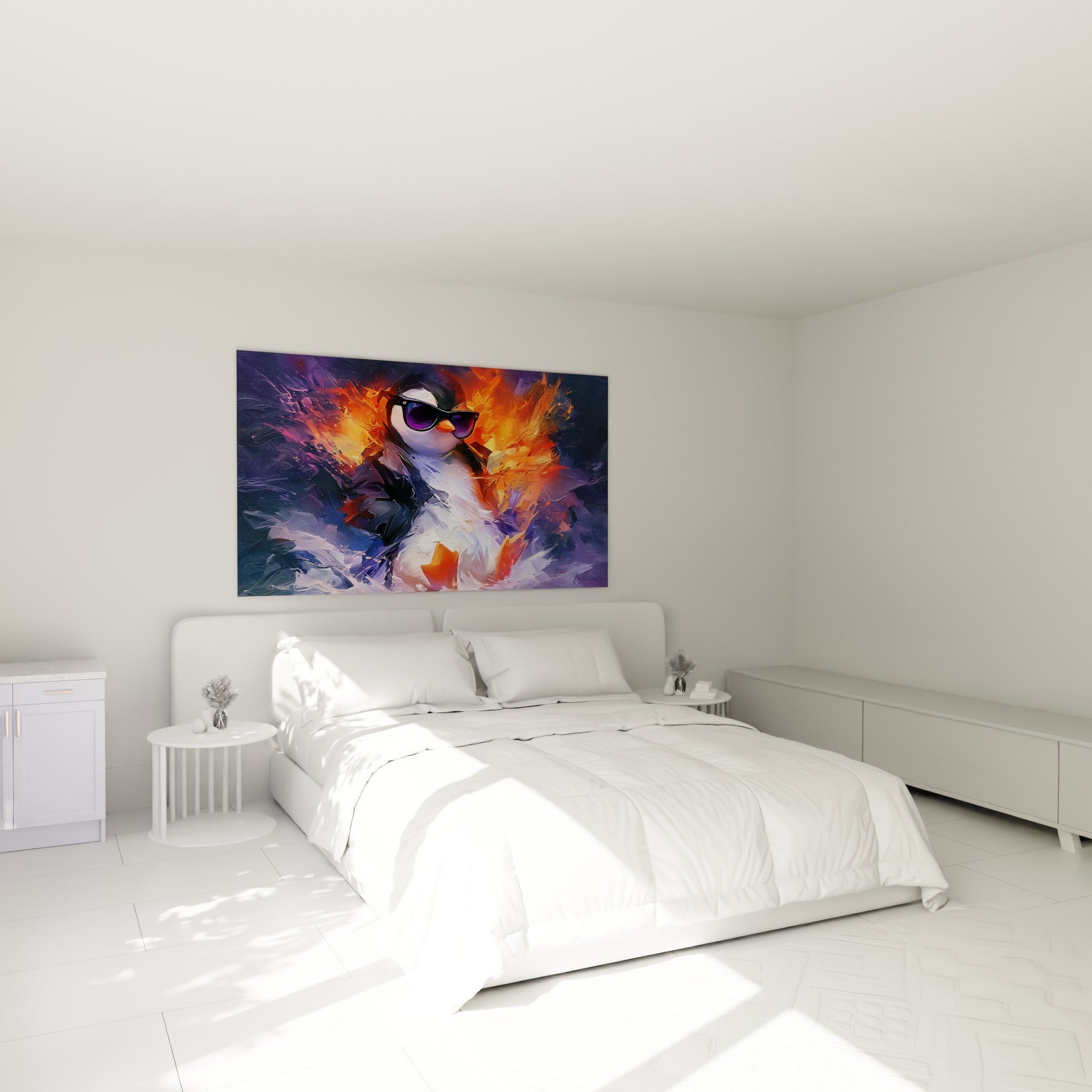 Personnage pingouin blanc et orange dans les flammes, accroché au-dessus d'un lit dans une chambre claire
