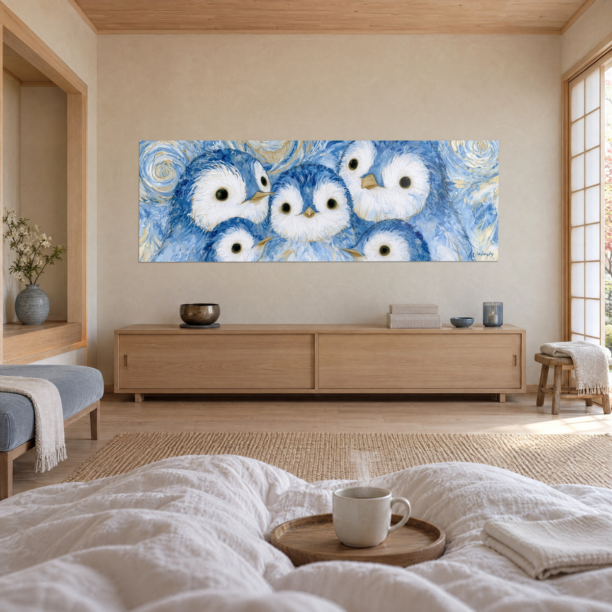 Tableau petits manchots duveteux bleu roi et blanc, becs ocre, tourbillons dorés, au-dessus d'un lit dans une chambre claire