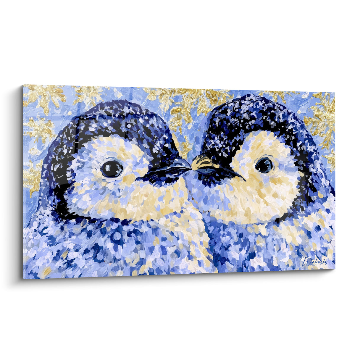 Pingouins bleu marine et doré museau contre museau, plumage texturé en touches épaisses