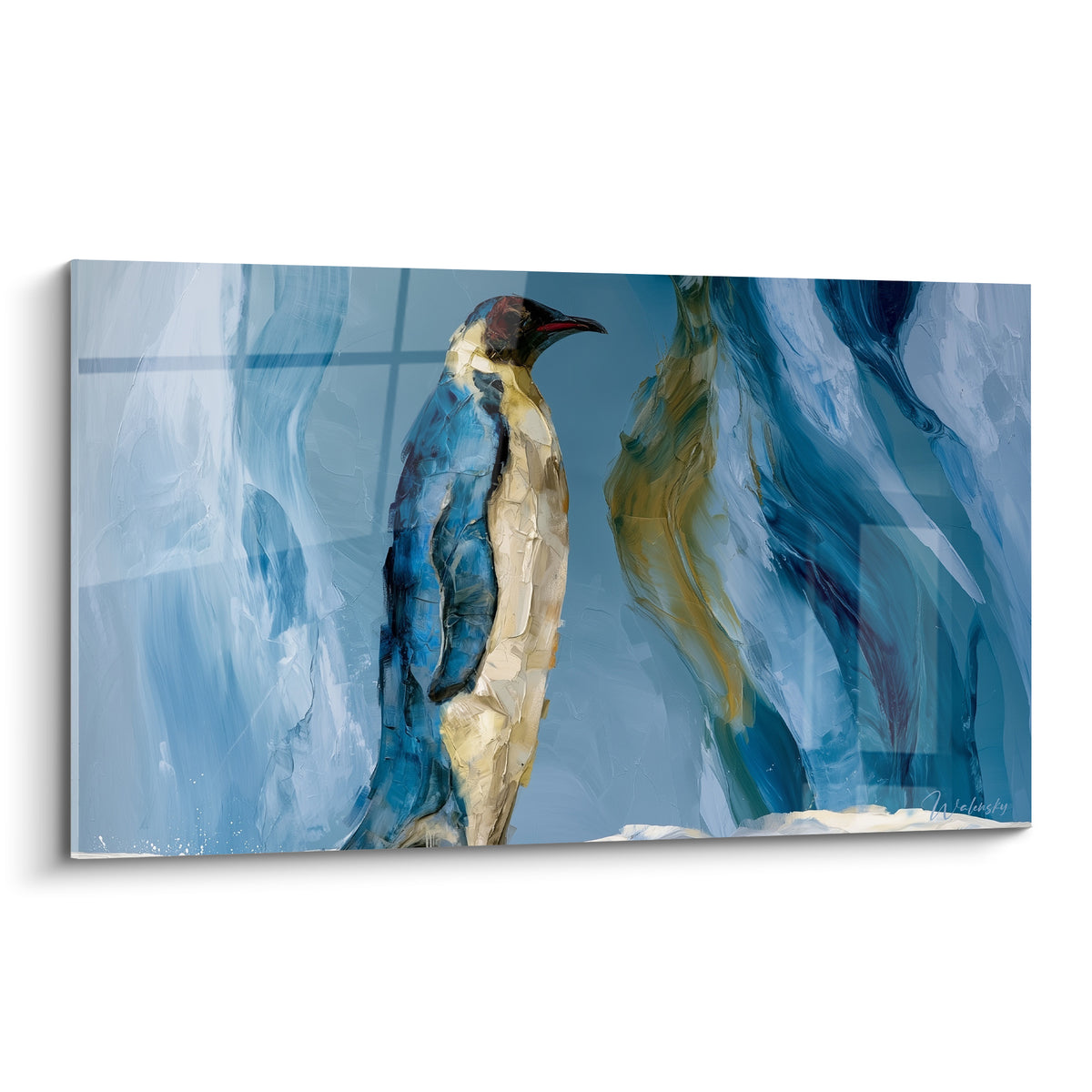 Pingouin empereur au plumage bleu marine et doré, texture picturale épaisse sur fond glacé abstrait