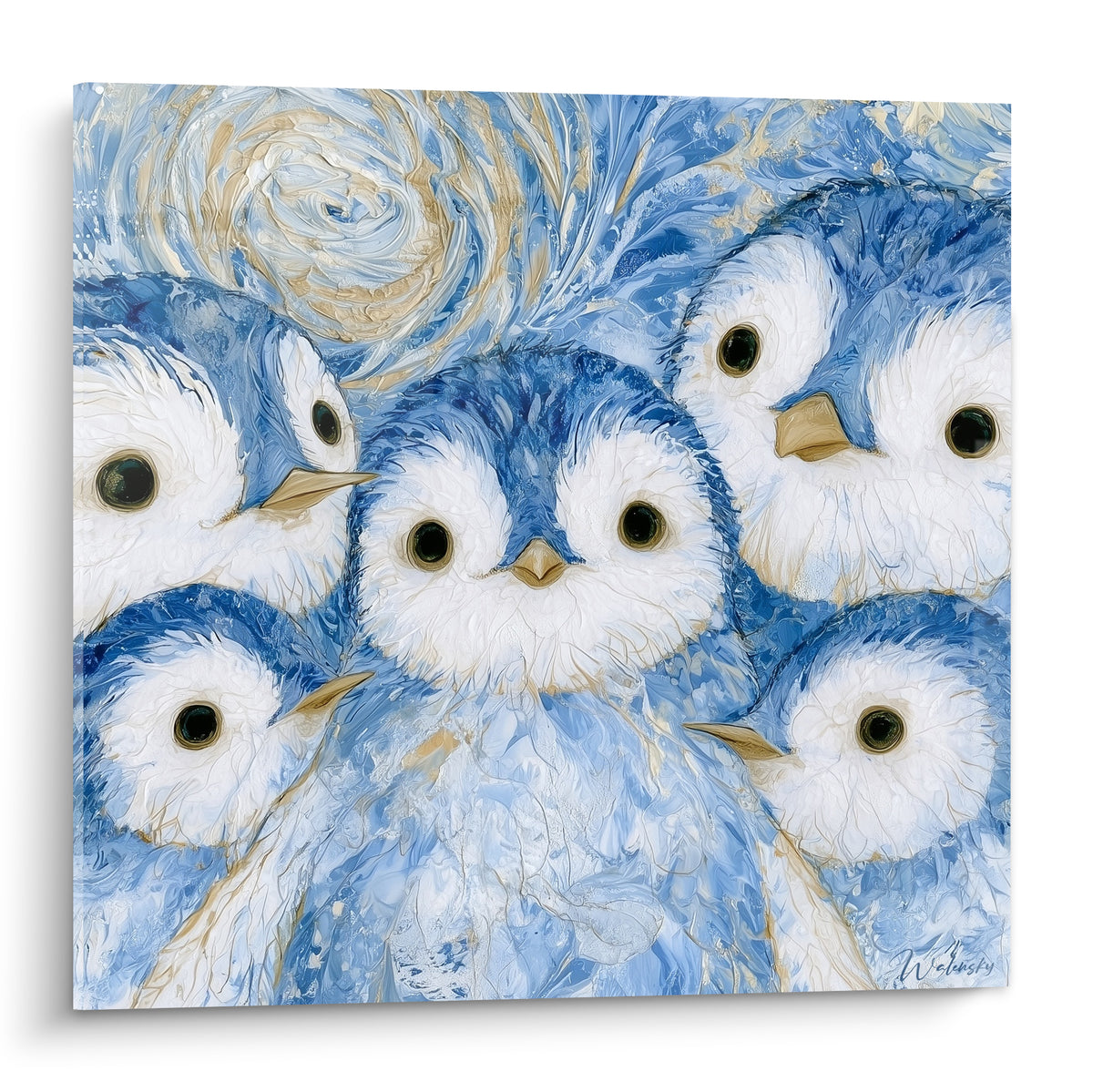 Cinq pingouins bleu marine et doré aux yeux noisette, texture épaisse façon aquarelle sculptée