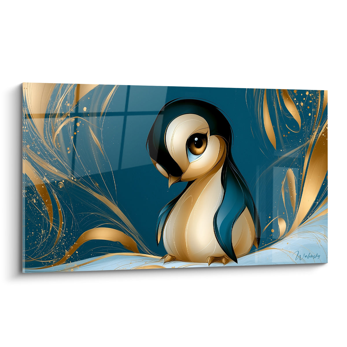 Pingouin bleu marine aux yeux dorés, entouré de volutes ornementales sur fond anthracite profond