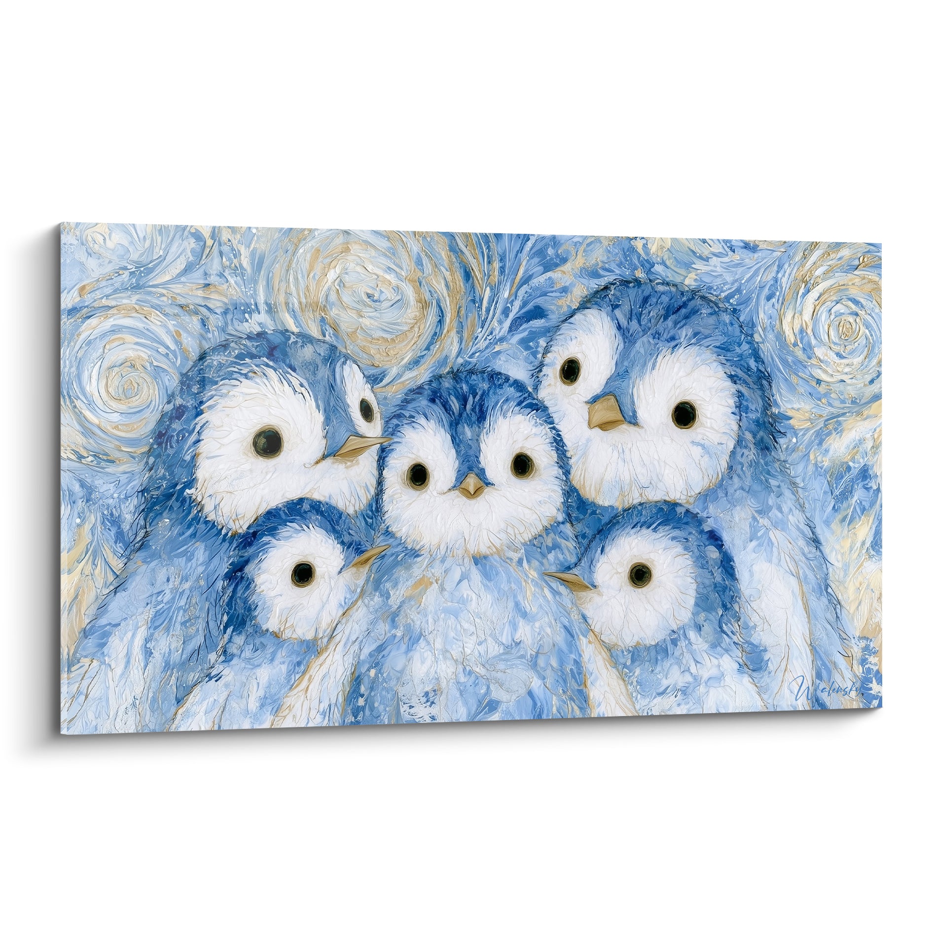Cinq pingouins bleu marine et blanc aux yeux ronds, plumage texturé sur fond de volutes dorées