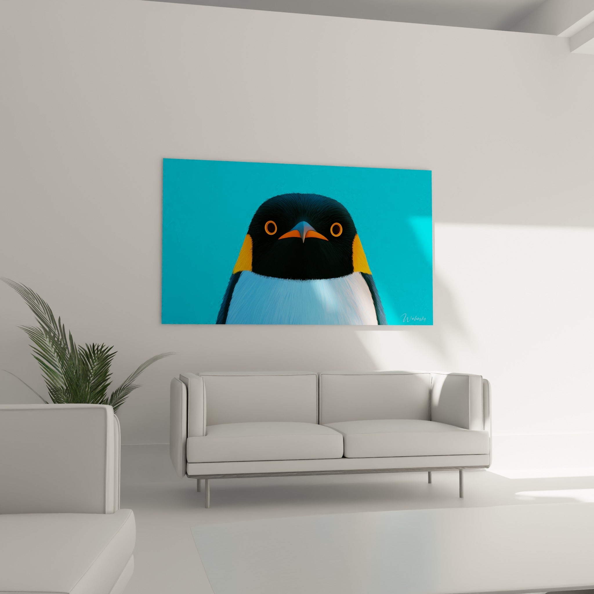 Oiseau polaire aux yeux orangés et plumage bleu pastel, suspendu au-dessus d'un canapé dans un salon lumineux