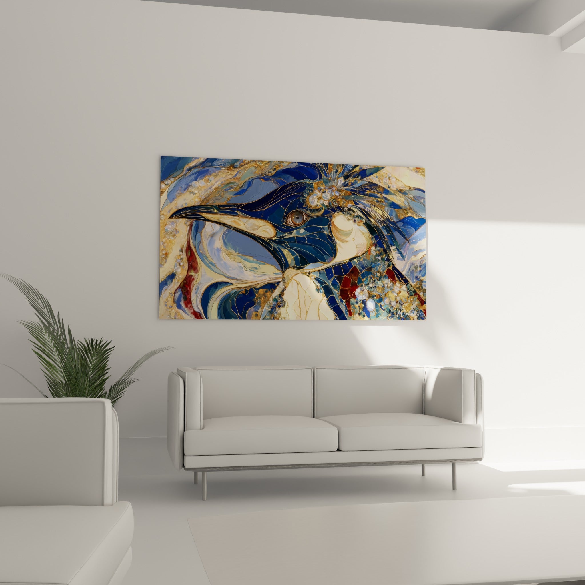 Pingouin stylisé aux tons bleu pastel et doré, technique vitrail, au-dessus d'un canapé dans un salon lumineux