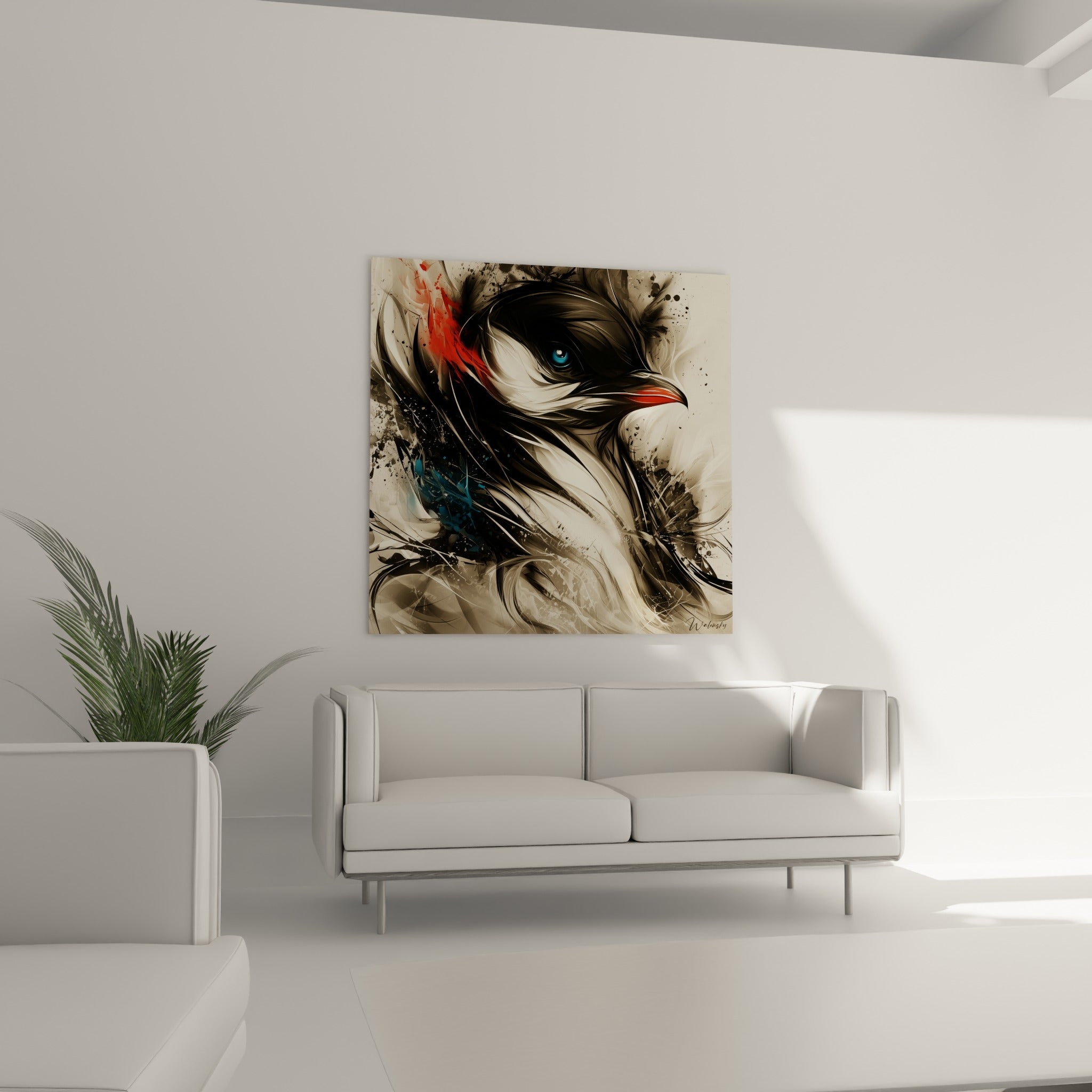 Tête de Pingouin aux nuances anthracite et bleu pétrole, suspendue au-dessus d'un canapé dans un salon lumineux