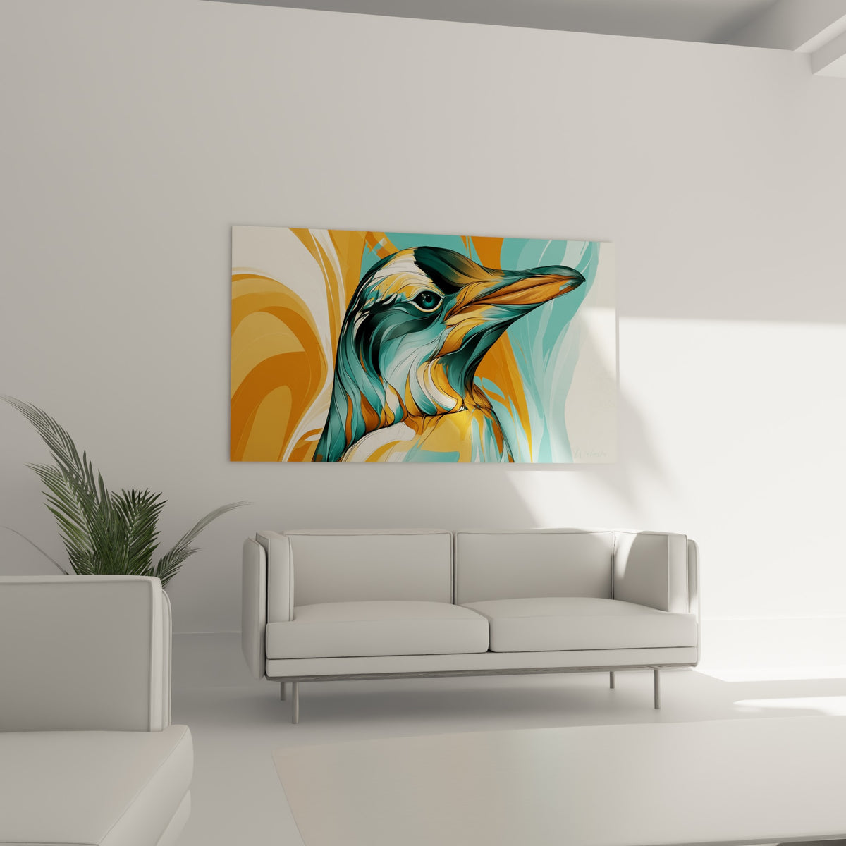 Tête de pingouin bleu sarcelle et bec orange vif sur fond crème, suspendue au-dessus d'un canapé dans un salon lumineux