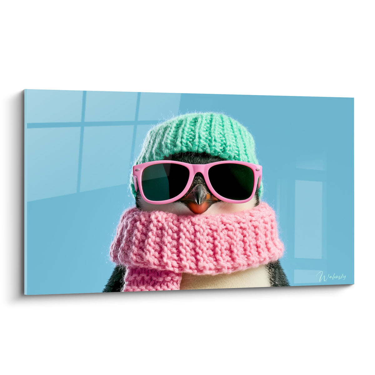 Pingouin coiffé d'un bonnet vert menthe et de lunettes roses sur fond bleu ciel