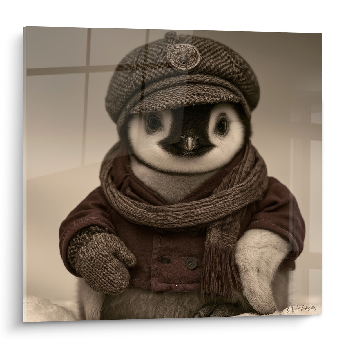 Pingouin en casquette grise et écharpe brune tricotée, regard attendrissant sur fond sépia flou
