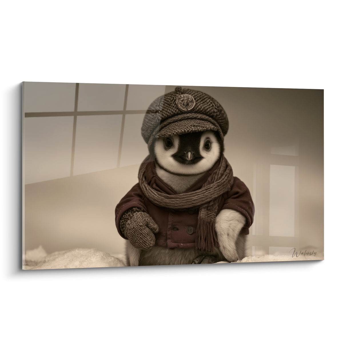 Pingouin en casquette tweed et manteau bordeaux, regard direct sur fond sépia brumeux