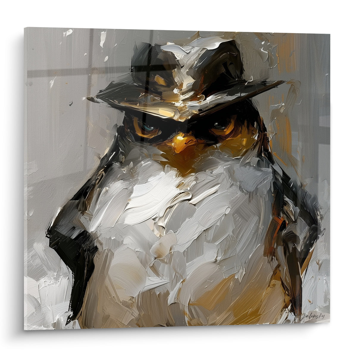 Pingouin au chapeau noir, plumage blanc et empâtements dorés, expression sévère en gros plan pictural