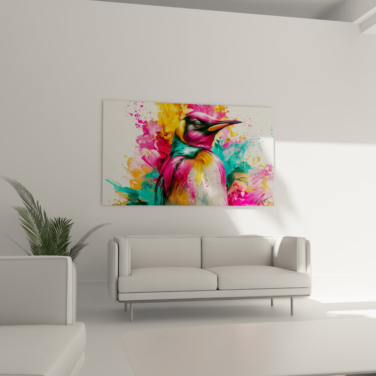 Portrait vibrant d'un pingouin turquoise et rose fuchsia suspendu au-dessus d'un canapé dans un salon lumineux