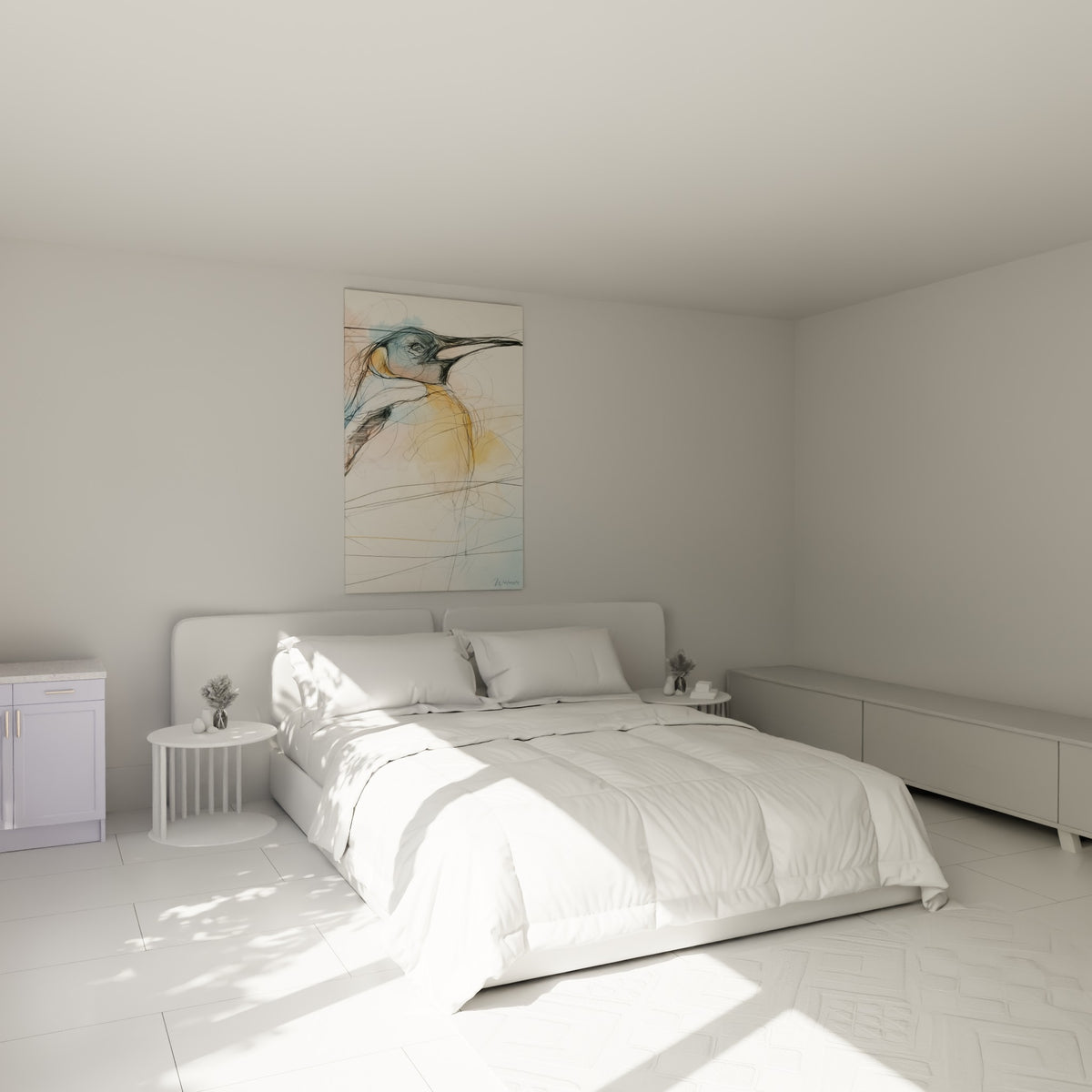 Silhouette de pingouin doré et bleu pastel accrochée au-dessus d'un lit dans une chambre claire