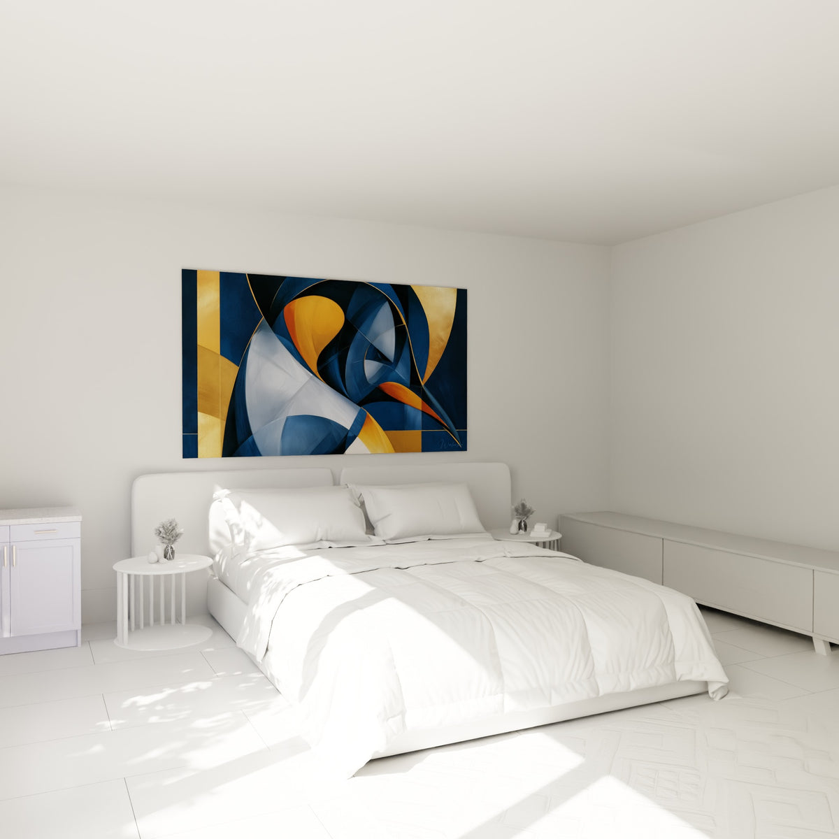 Manchot royal abstrait aux teintes bleu marine et dorées, au-dessus d'un lit dans une chambre claire