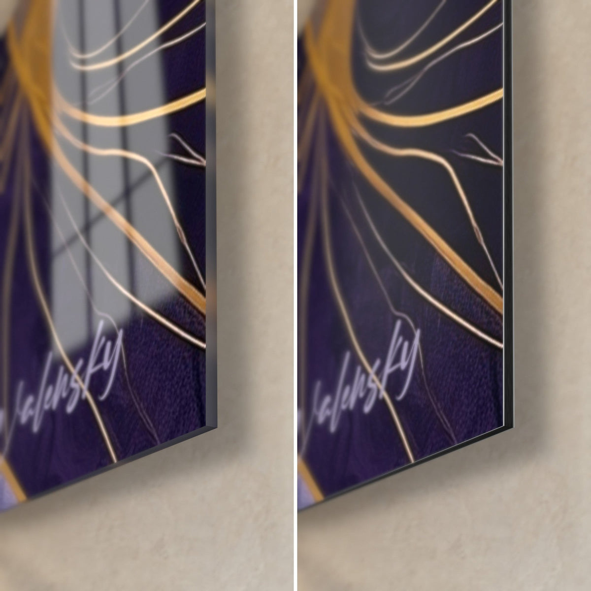 Schilderij pinguïn in paars met fijne gouden aderen, rechtsonder: glanzend acrylglas links, mat Dibond rechts